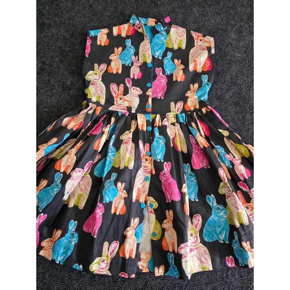 Matilda Jane Girls Size 7 Bunny Rabbit Print Dress Colorful Black Button Front